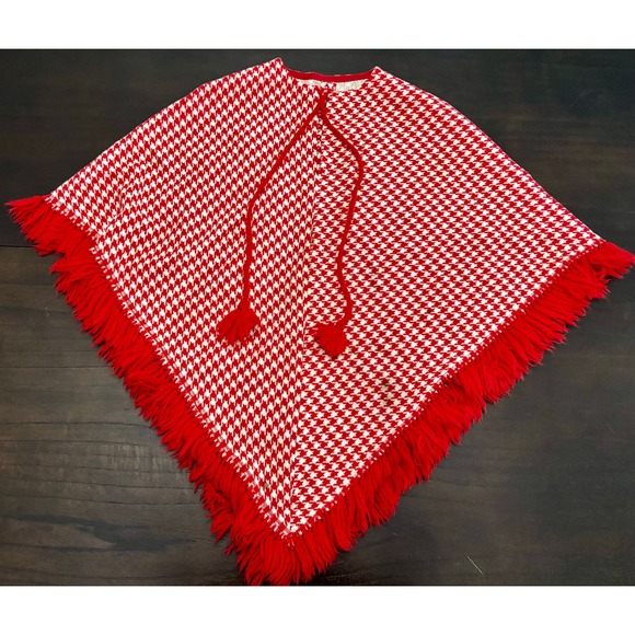 Unbranded Jackets & Blazers - Vintage Unbranded Poncho Houndstooth Fringe Tassel Cream Red Retro Boho One Size